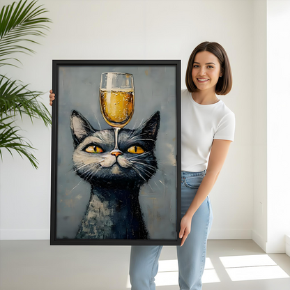 Framed surreal black cat wine canvas wall art displayed beside a bunk bed in a playful bedroom.