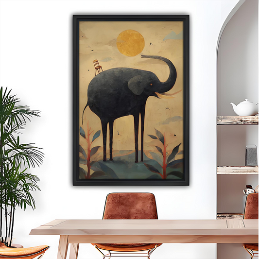 Framed surreal black elephant canvas wall art displayed beside a bunk bed in a playful bedroom.