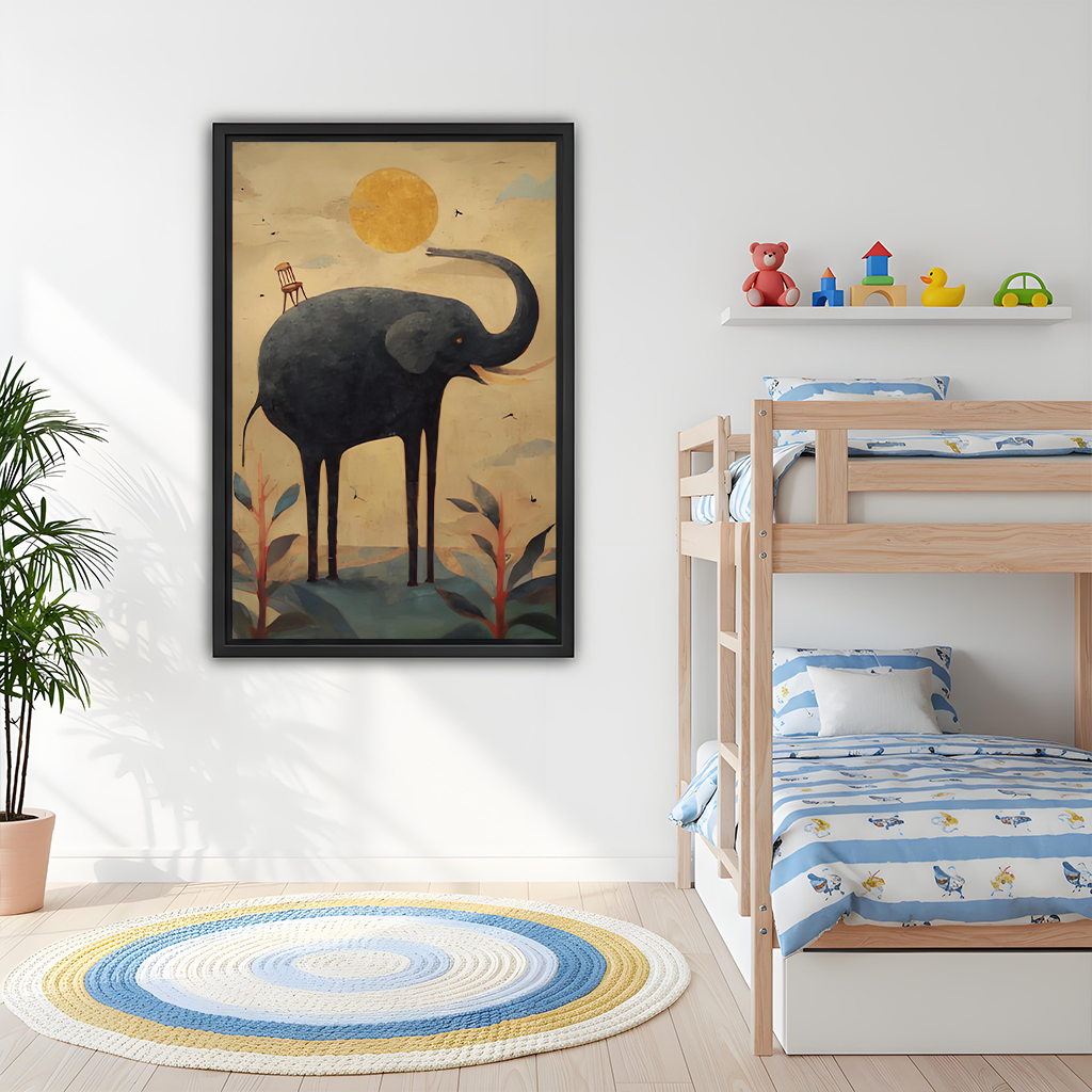 Framed surreal black elephant canvas wall art above a light sofa in a modern living room.