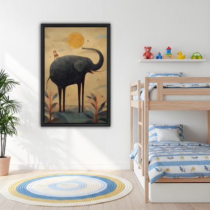 Framed surreal black elephant canvas wall art above a light sofa in a modern living room.