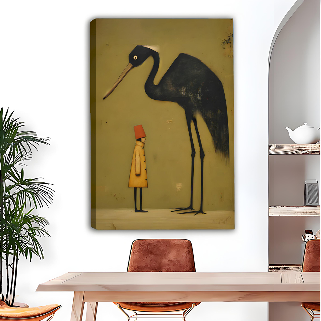 Framed surreal crane and child canvas wall art displayed above a wooden console with a lantern.