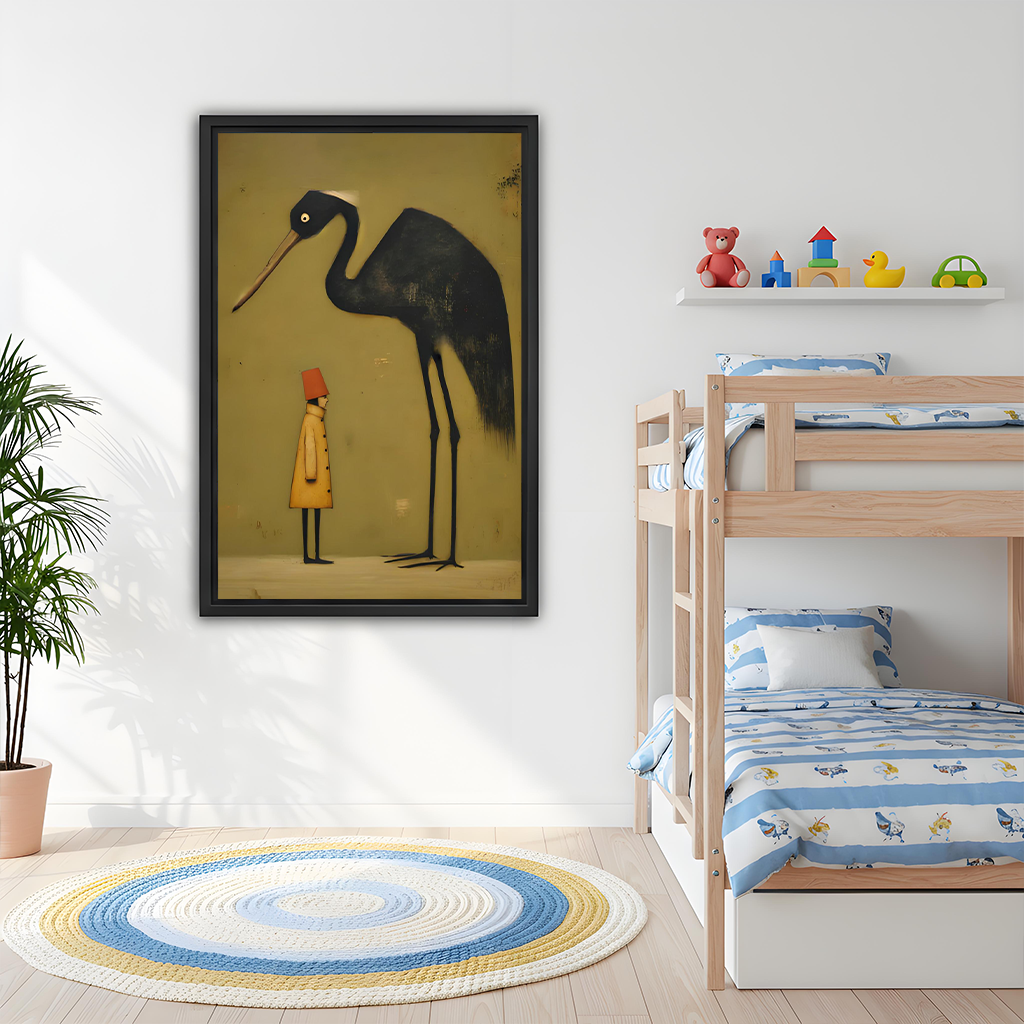Framed surreal crane and child canvas wall art above a light sofa in a modern living room.