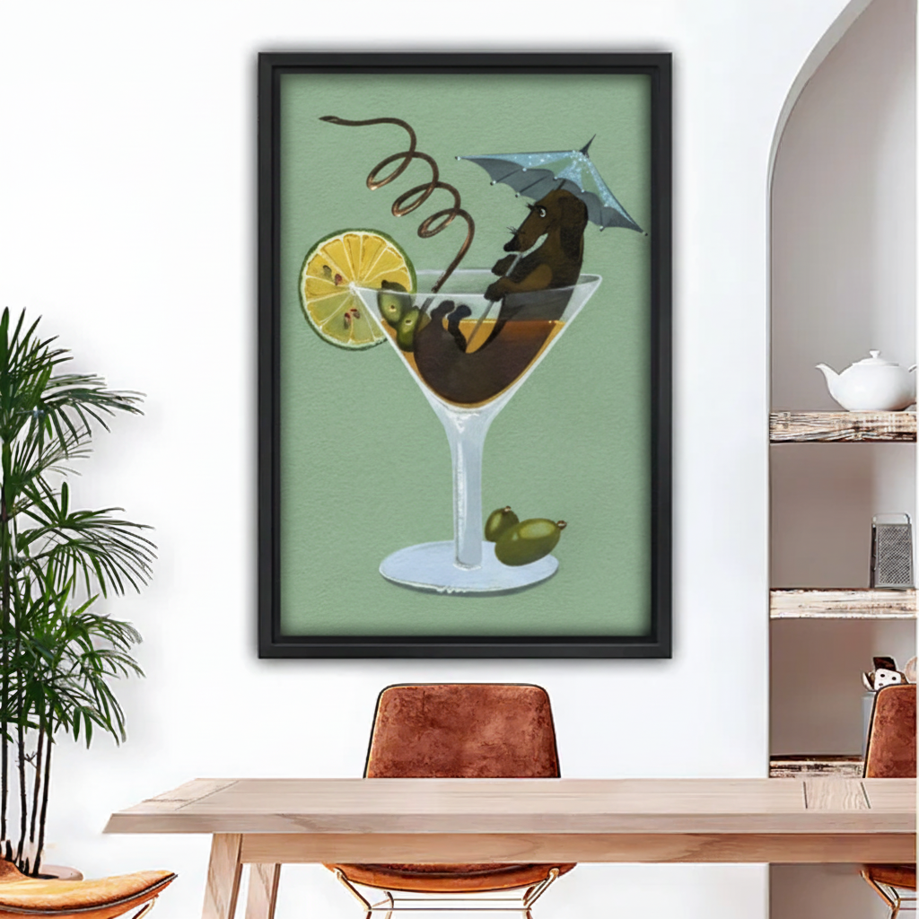 ramed surreal dog cocktail canvas wall art displayed above a dining table with a warm modern interior