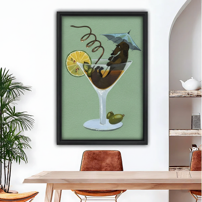 ramed surreal dog cocktail canvas wall art displayed above a dining table with a warm modern interior