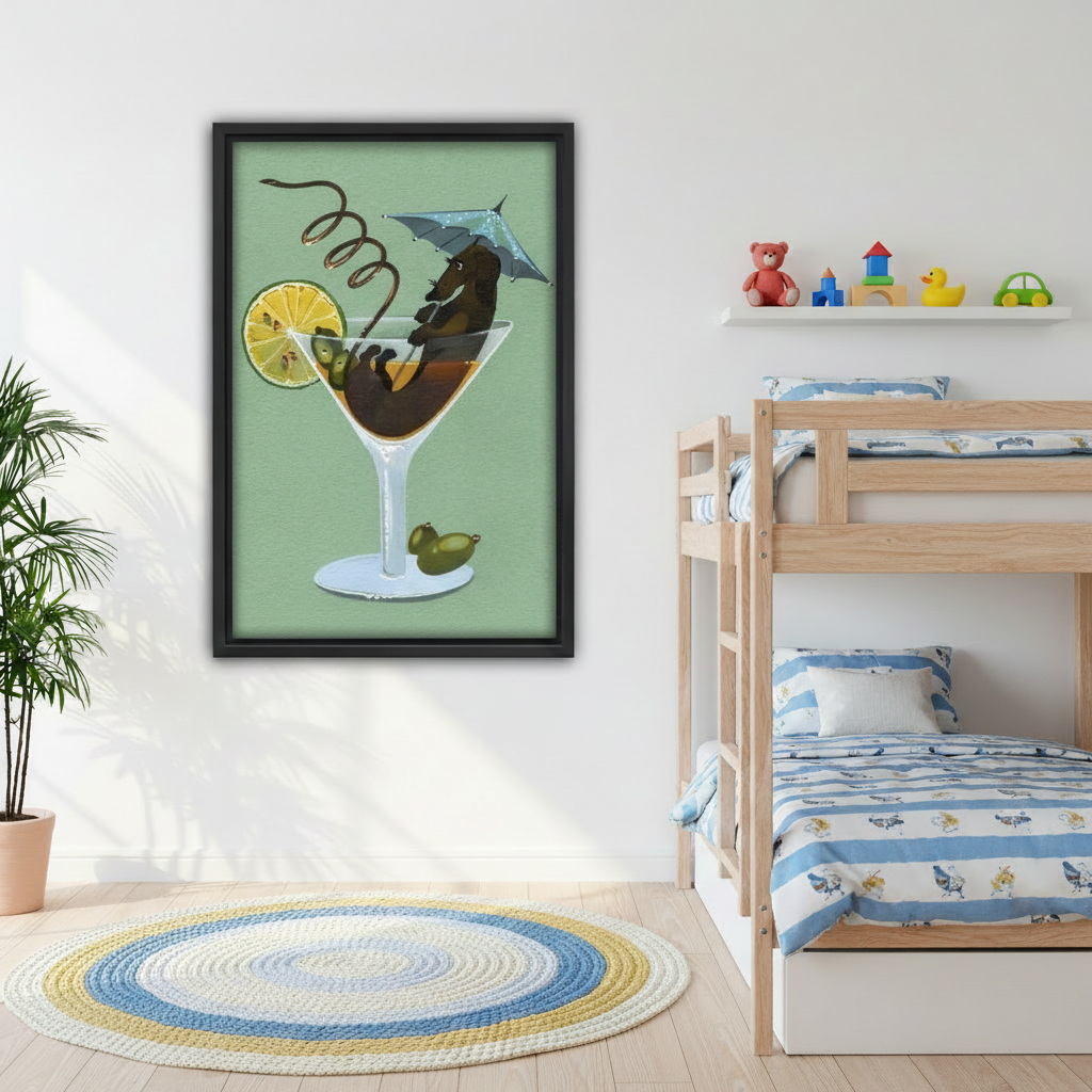 Framed surreal dog cocktail canvas wall art displayed in a colorful children's bedroom with bunk beds