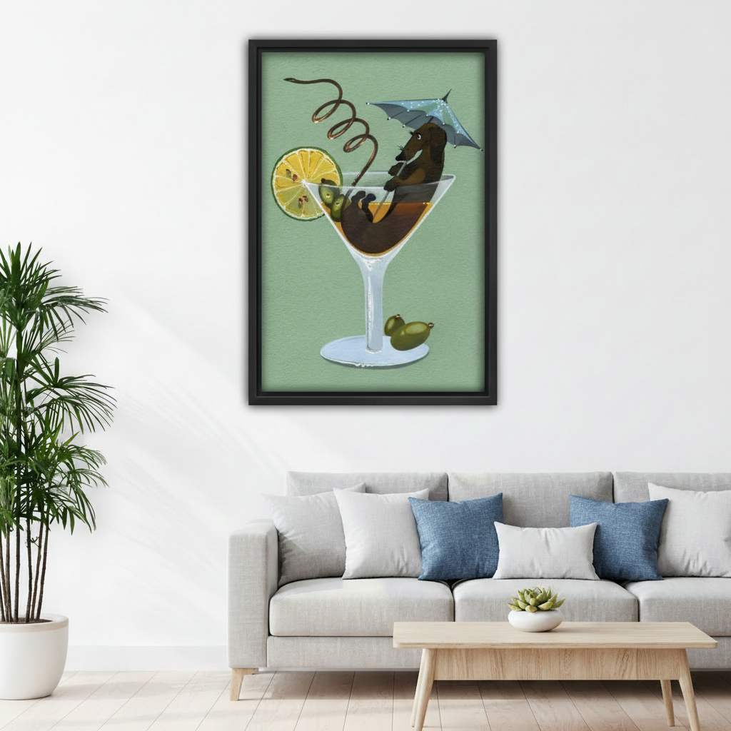 Framed surreal dog cocktail canvas wall art displayed above a sofa in a bright living room