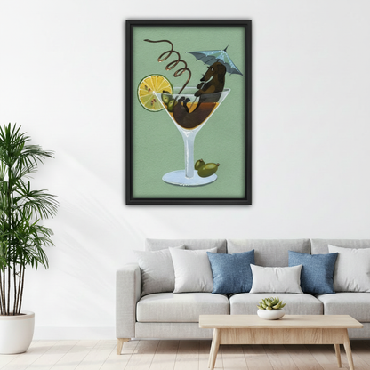 Framed surreal dog cocktail canvas wall art displayed above a sofa in a bright living room