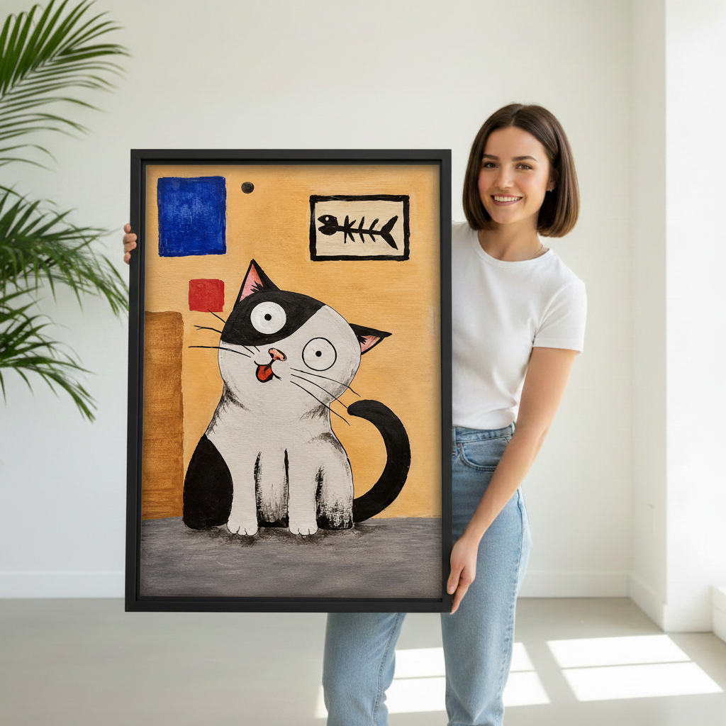  Woman holding framed tuxedo cat canvas art to demonstrate its vertical scale and playful