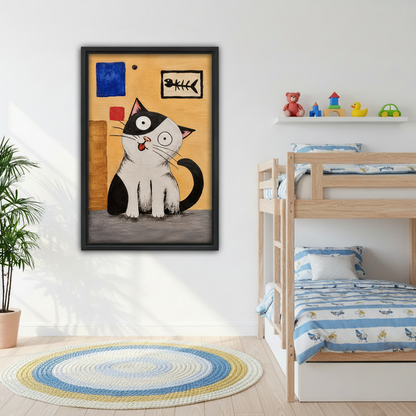 Framed tuxedo cat wall art displayed beside wooden bunk beds in a bright children’s room.