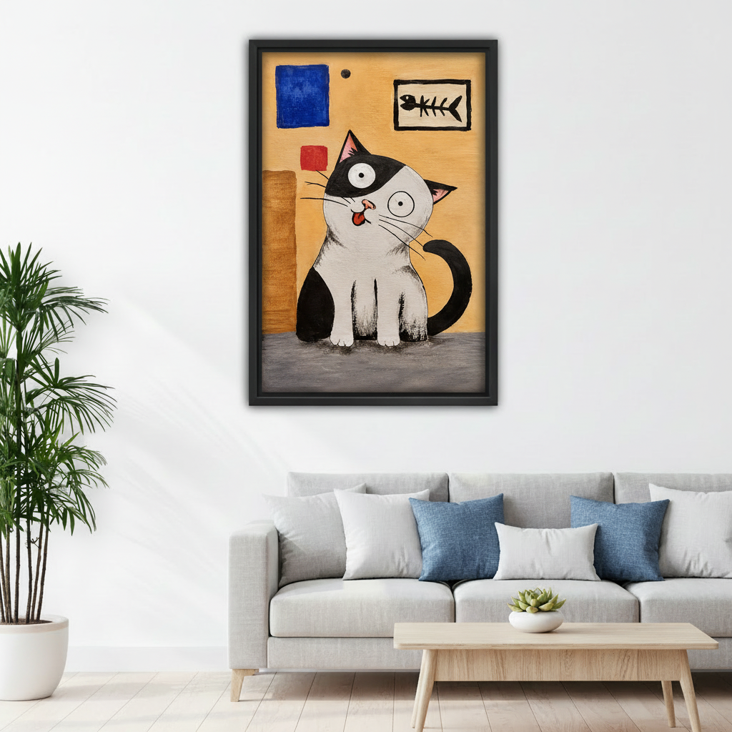 Framed whimsical tuxedo cat canvas wall art displayed above a white sofa with blue pillows.