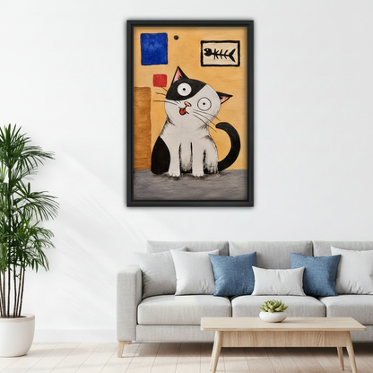 Framed whimsical tuxedo cat canvas wall art displayed above a white sofa with blue pillows.