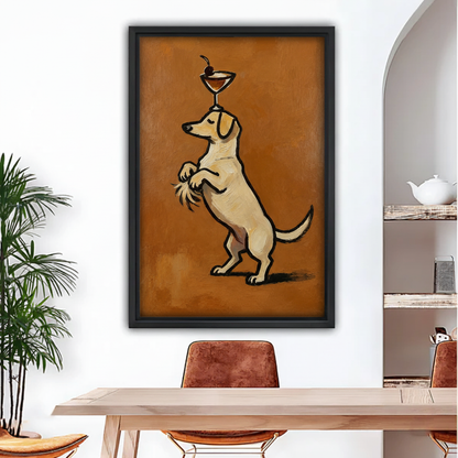 Framed vintage cocktail dog canvas wall art displayed beside a dining table in a bright modern interior.