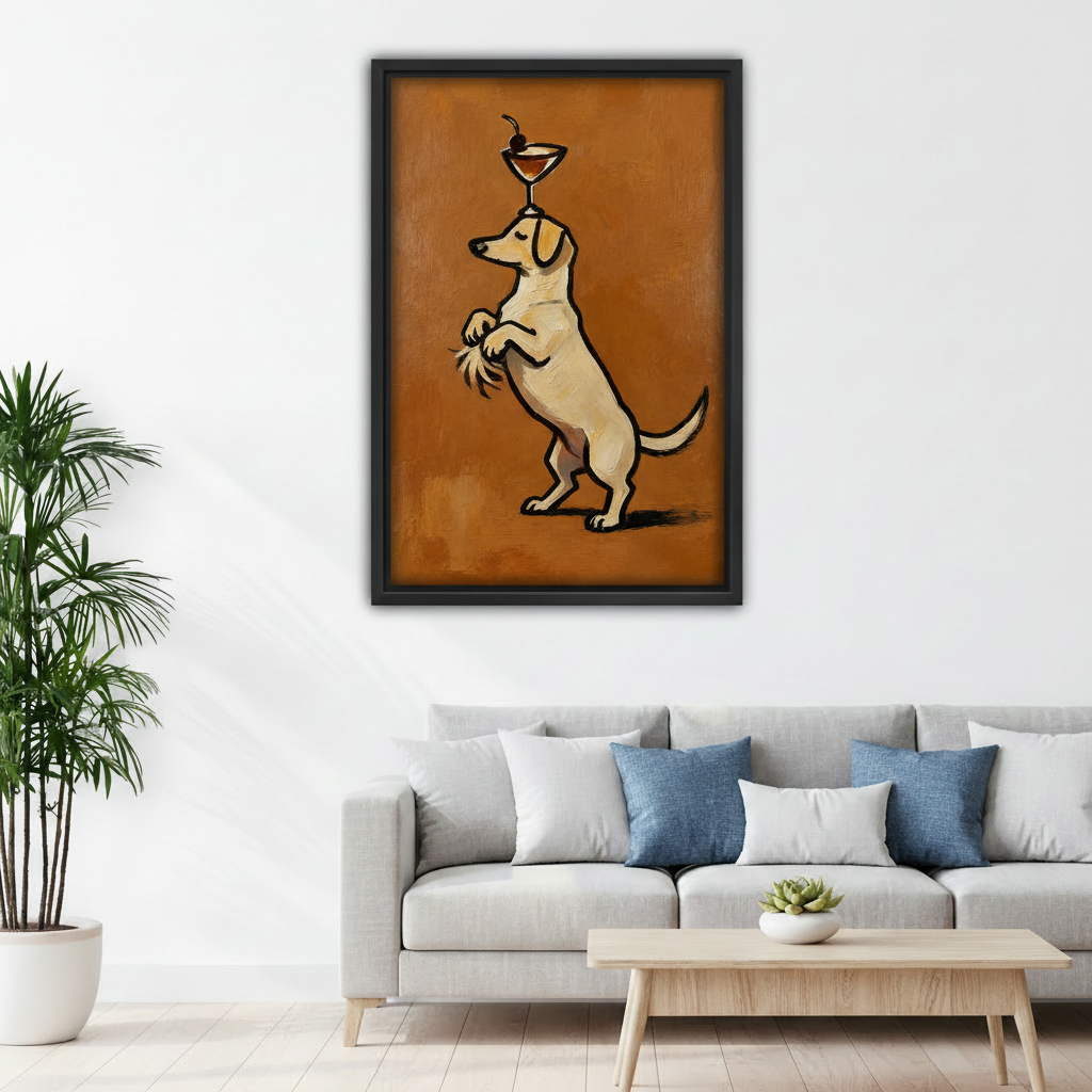 Framed vintage cocktail dog canvas wall art displayed above a white sofa with blue accent pillows.