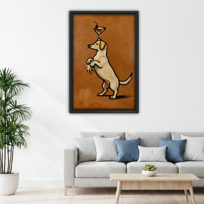 Framed vintage cocktail dog canvas wall art displayed above a white sofa with blue accent pillows.