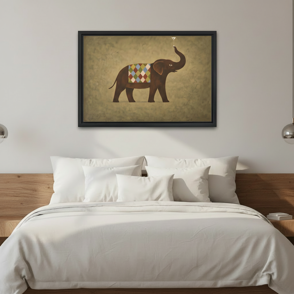 Framed vintage elephant canvas wall art above a neatly made bed in a calm bedroom