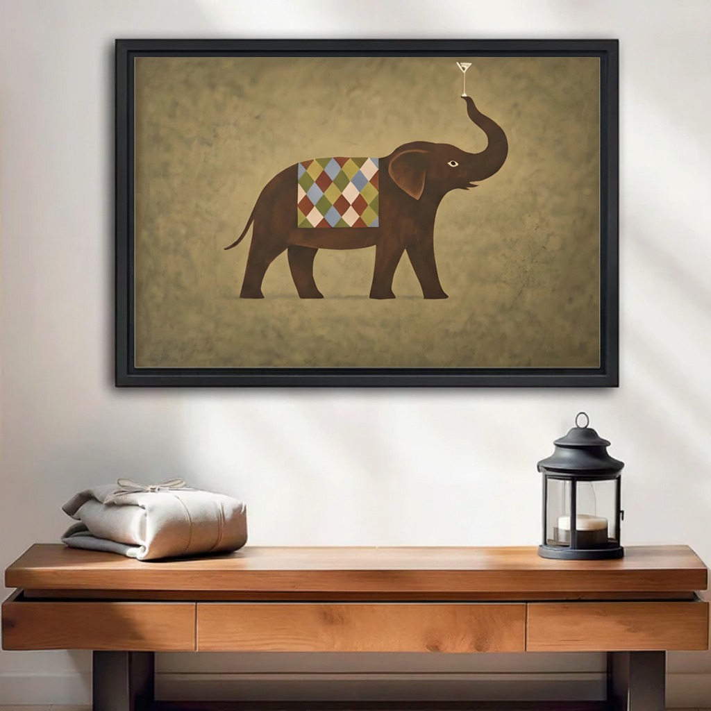 Framed vintage elephant canvas wall art above a wooden console with folded linens and lantern decor