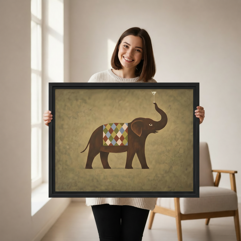 Woman holding framed vintage elephant canvas wall art in a bright minimalist home interior