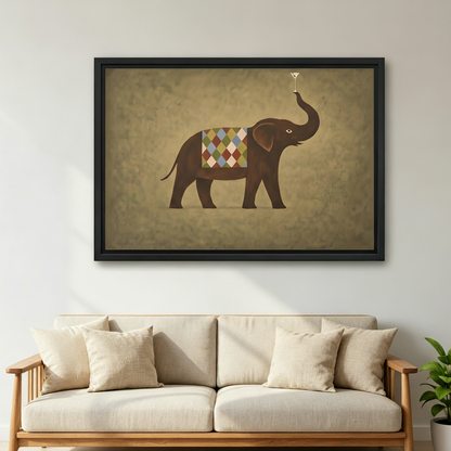 Framed vintage elephant canvas wall art above a light wood sofa in a bright living room