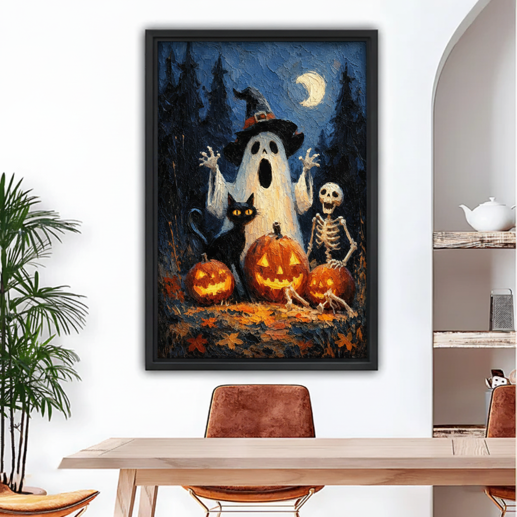 Framed vintage Halloween ghost canvas art displayed beside a dining table in a bright modern interior.