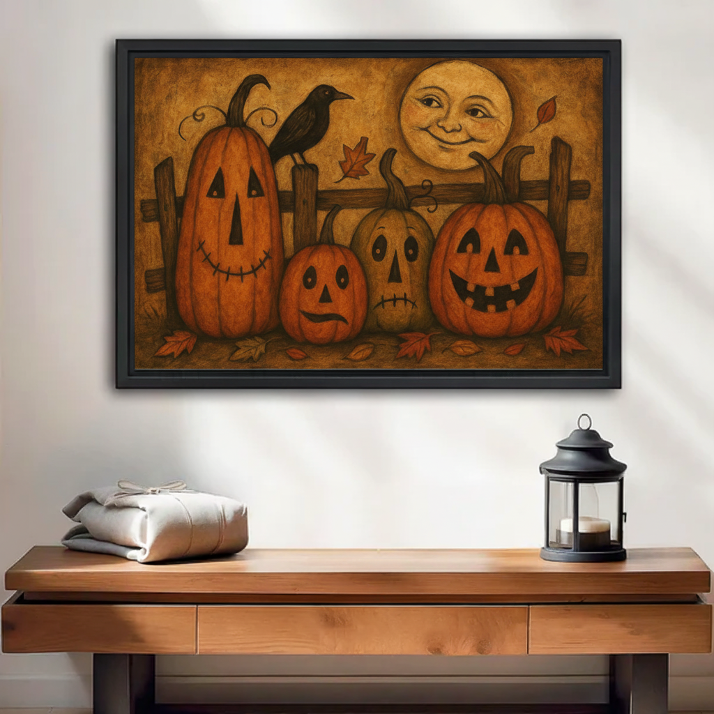 Framed vintage Halloween pumpkins wall art displayed above a wooden entryway table with black lantern.