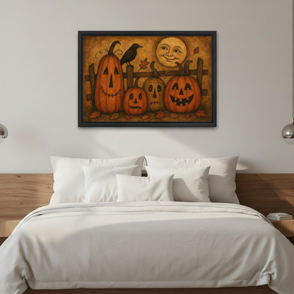  Framed vintage Halloween pumpkins canvas wall art displayed above a modern bed with white pillows.