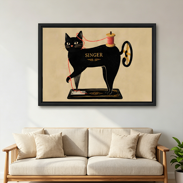 Framed vintage sewing cat canvas wall art above a cream sofa in a calm living room.