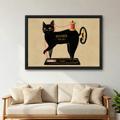 Framed vintage sewing cat canvas wall art above a cream sofa in a calm living room.