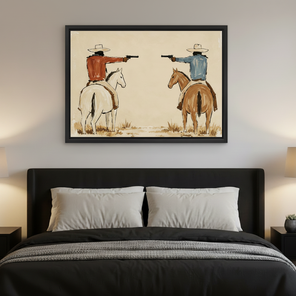  Framed vintage western cowboy duel canvas wall art displayed above a bed in a modern bedroom