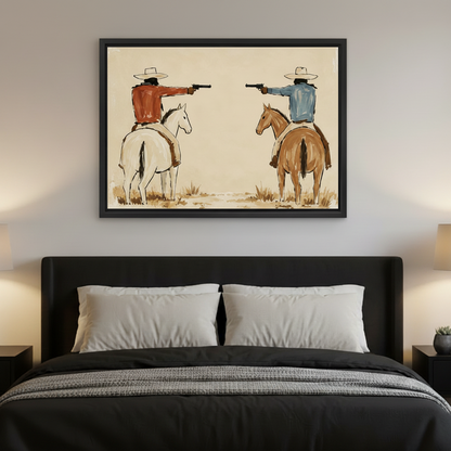  Framed vintage western cowboy duel canvas wall art displayed above a bed in a modern bedroom
