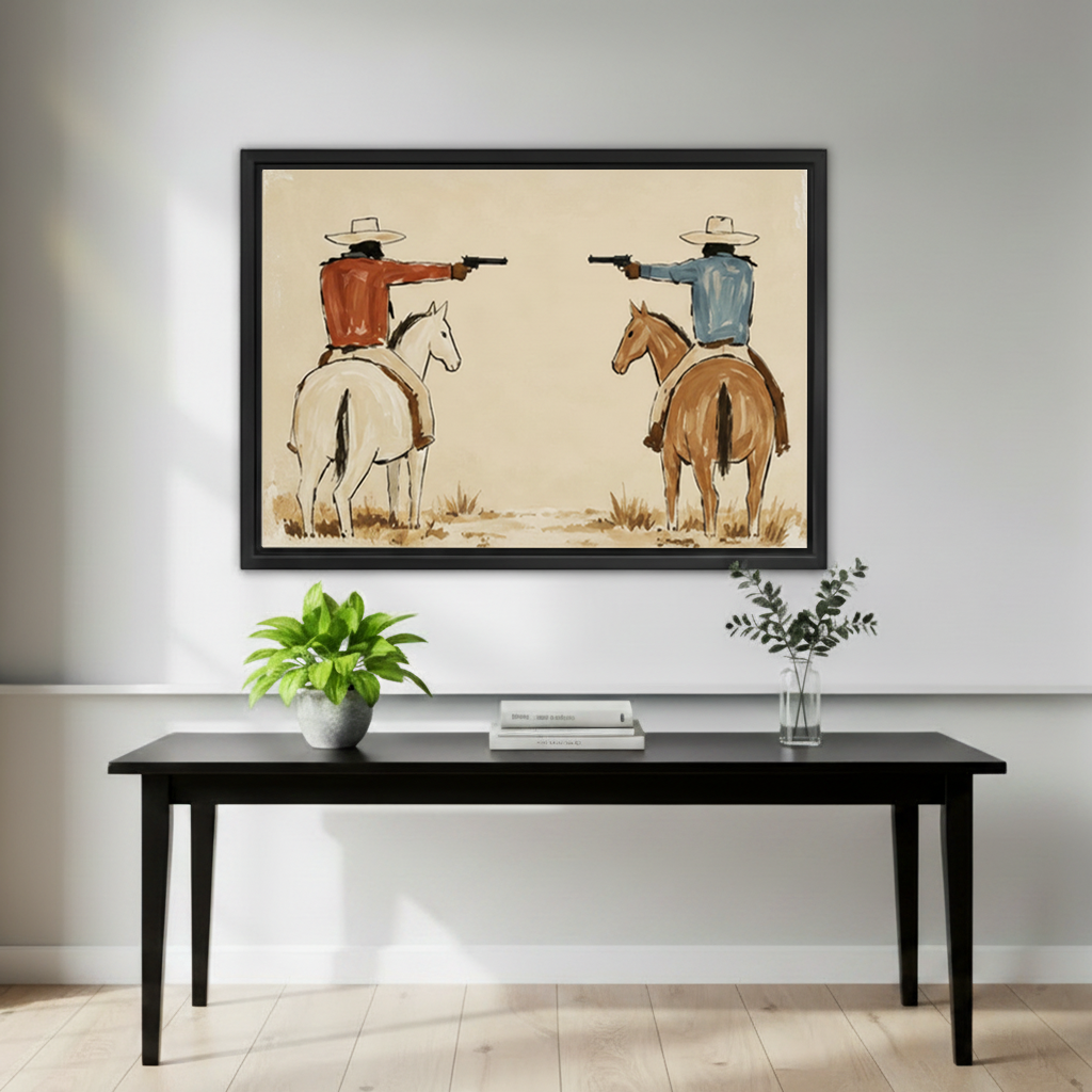 Framed vintage western cowboy duel canvas wall art displayed above a black console with green plants