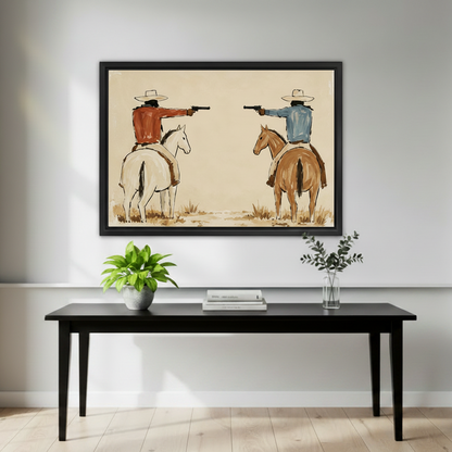 Framed vintage western cowboy duel canvas wall art displayed above a black console with green plants