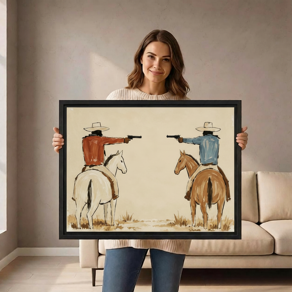 Woman holding framed vintage western cowboy duel canvas wall art featuring two riders on horseback