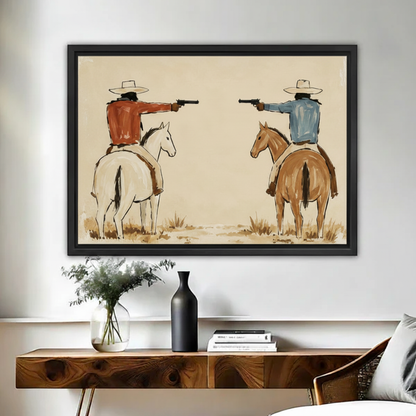 Framed vintage western cowboy duel canvas wall art displayed above a wooden console with flowers and books