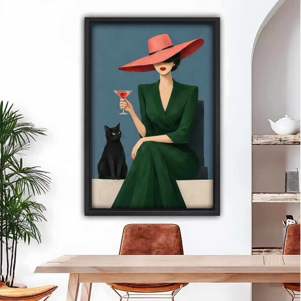 Framed vintage woman and black cat canvas wall art above a dining table with tropical greenery