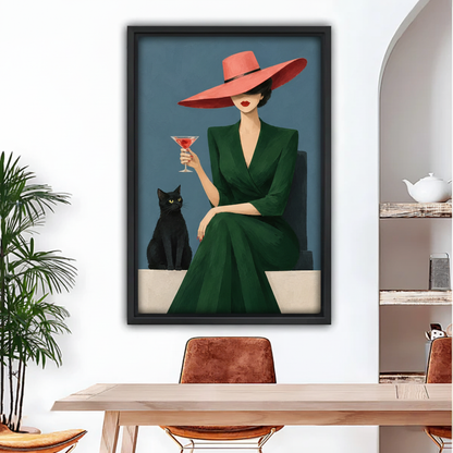 Framed vintage woman and black cat canvas wall art above a dining table with tropical greenery