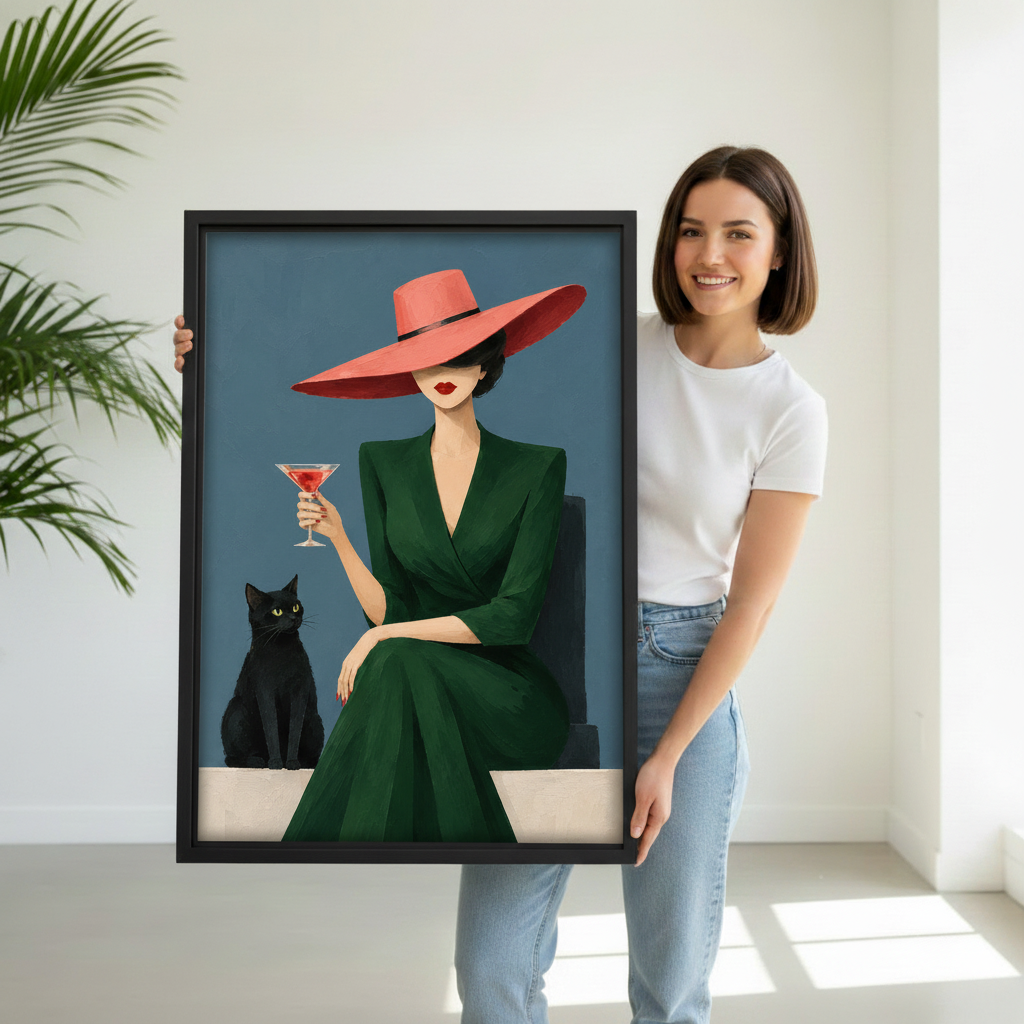 Woman holding framed vintage woman and black cat canvas wall art in a bright minimalist interior
