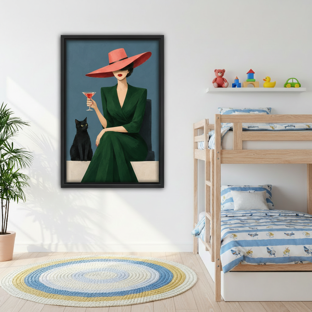 Framed vintage woman and black cat canvas wall art adding retro charm to a bright children's bedroom