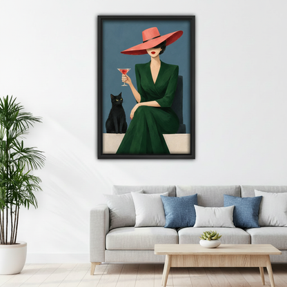 Framed vintage woman and black cat canvas wall art above a modern sofa in a bright living room