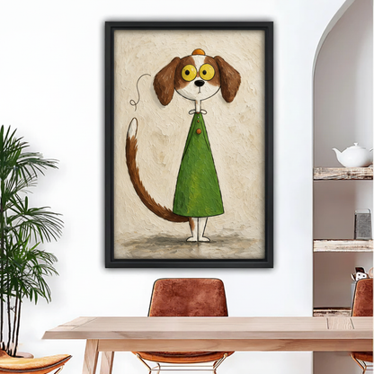 Framed whimsical big-eyed dog canvas wall art displayed beside a dining table in a bright modern interior.