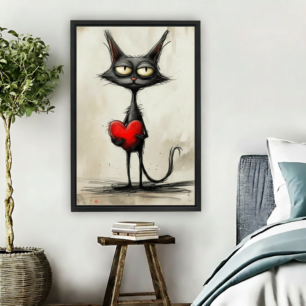 Framed whimsical black cat love canvas wall art with red heart displayed above a bedroom side table
