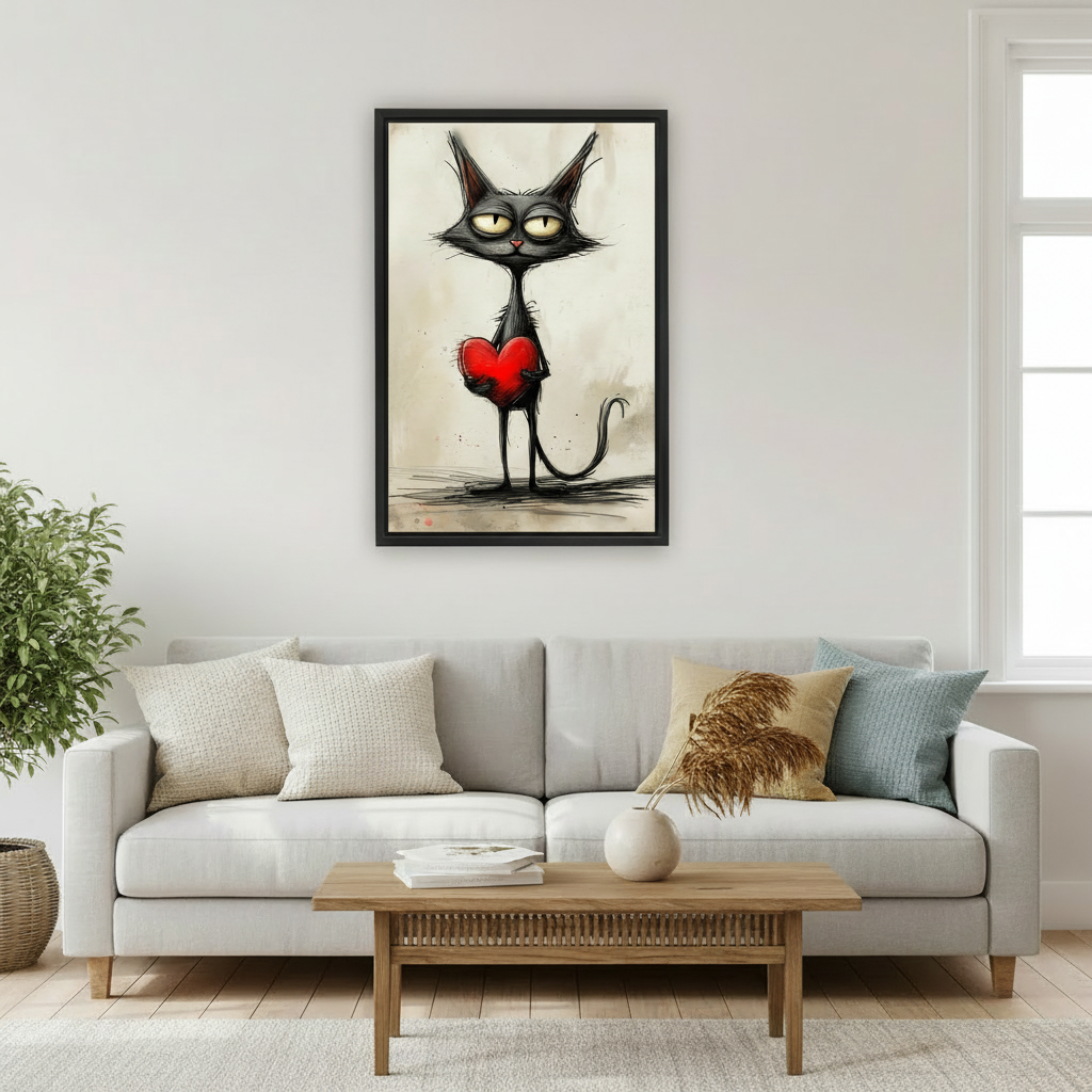 Framed whimsical black cat love canvas wall art with red heart displayed above a sofa in a bright living room
