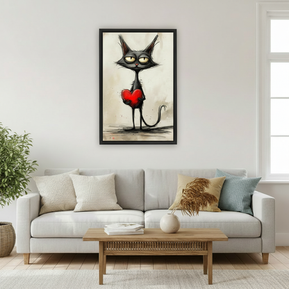 Framed whimsical black cat love canvas wall art with red heart displayed above a sofa in a bright living room