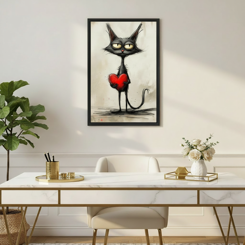 Framed whimsical black cat love canvas wall art with red heart displayed above an elegant office table