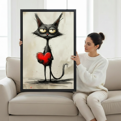  Woman holding framed whimsical black cat love canvas wall art with a bright red heart