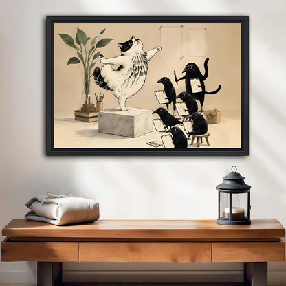 Framed whimsical cat choir canvas wall art displayed above a wooden console with a lantern.