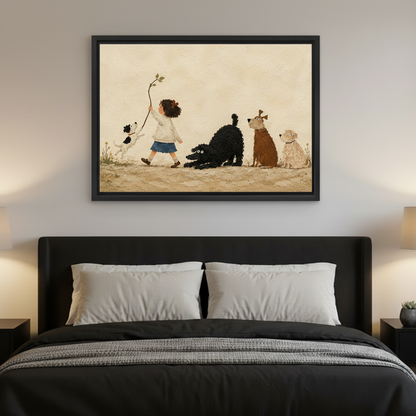 Framed whimsical child and dogs canvas wall art displayed above a bed in a cozy bedroom