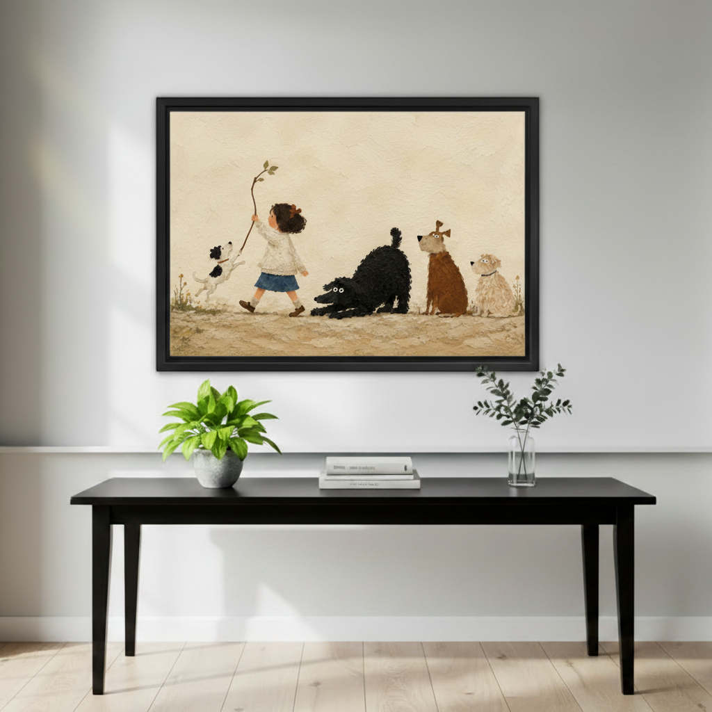  Framed whimsical child and dogs canvas wall art displayed above a black console table with plants