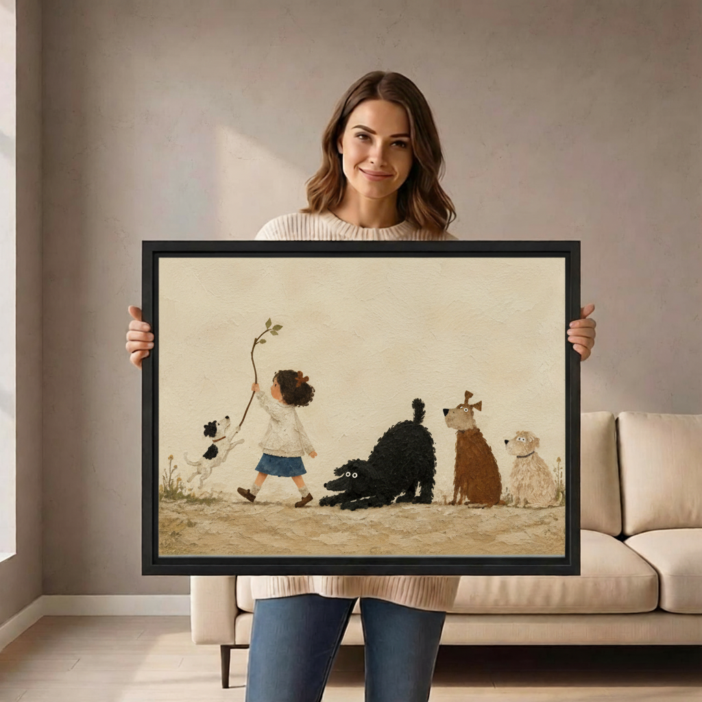 Woman holding framed whimsical child and dogs canvas wall art in a bright living room