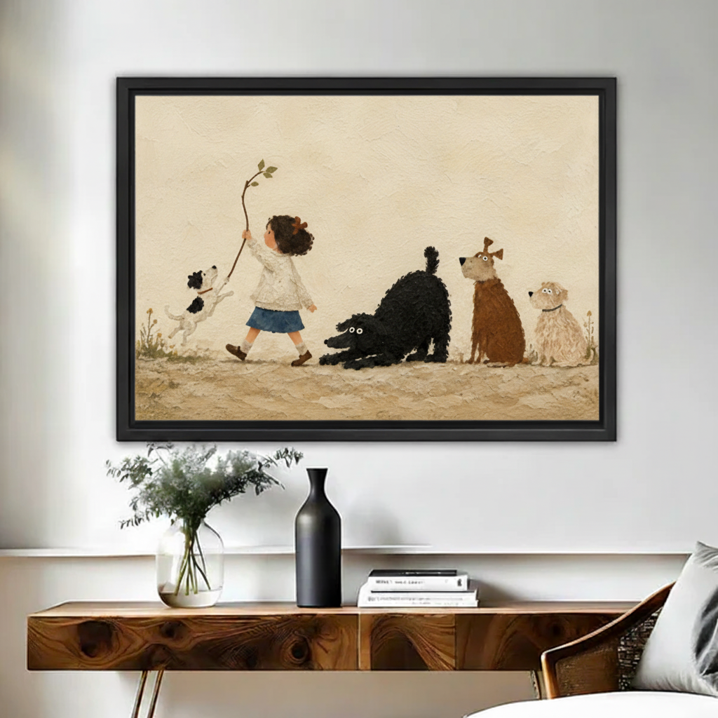 Framed whimsical child and dogs canvas wall art displayed above a wooden console table in a warm room