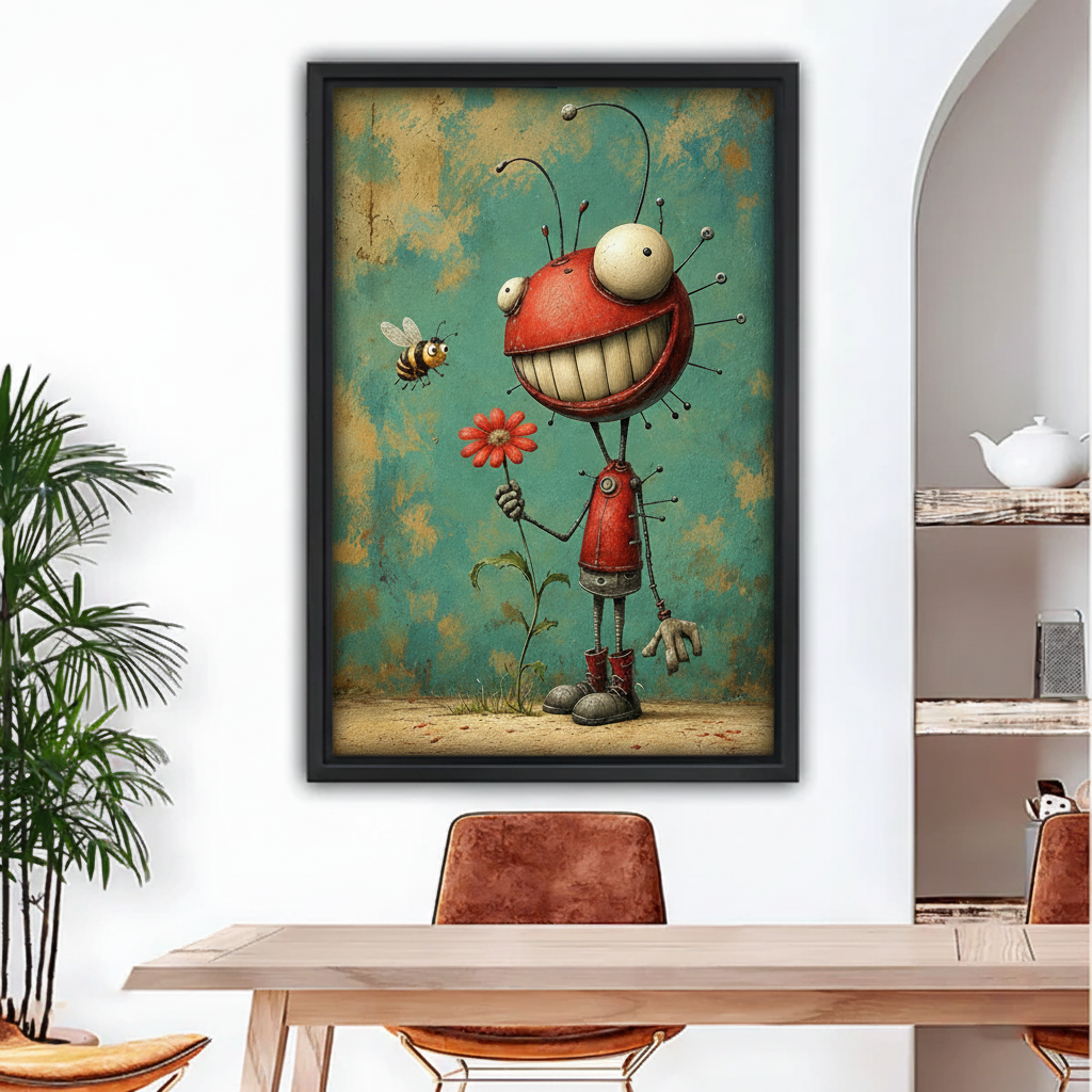 Framed whimsical creature and bee wall art featuring a grinning red character holding a flower.